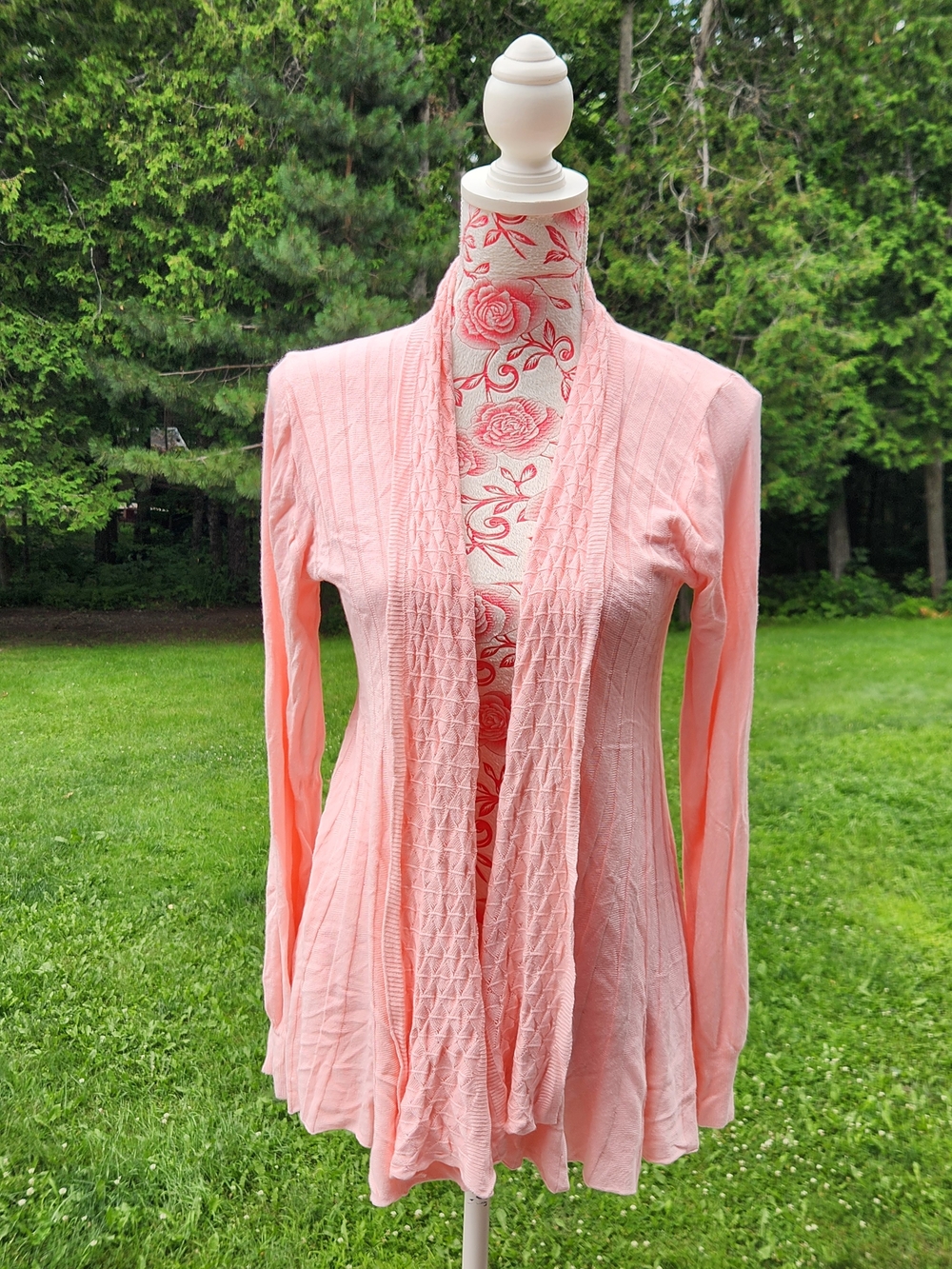 Women's Light Pink Open-Front Cardigan with Textured Trim